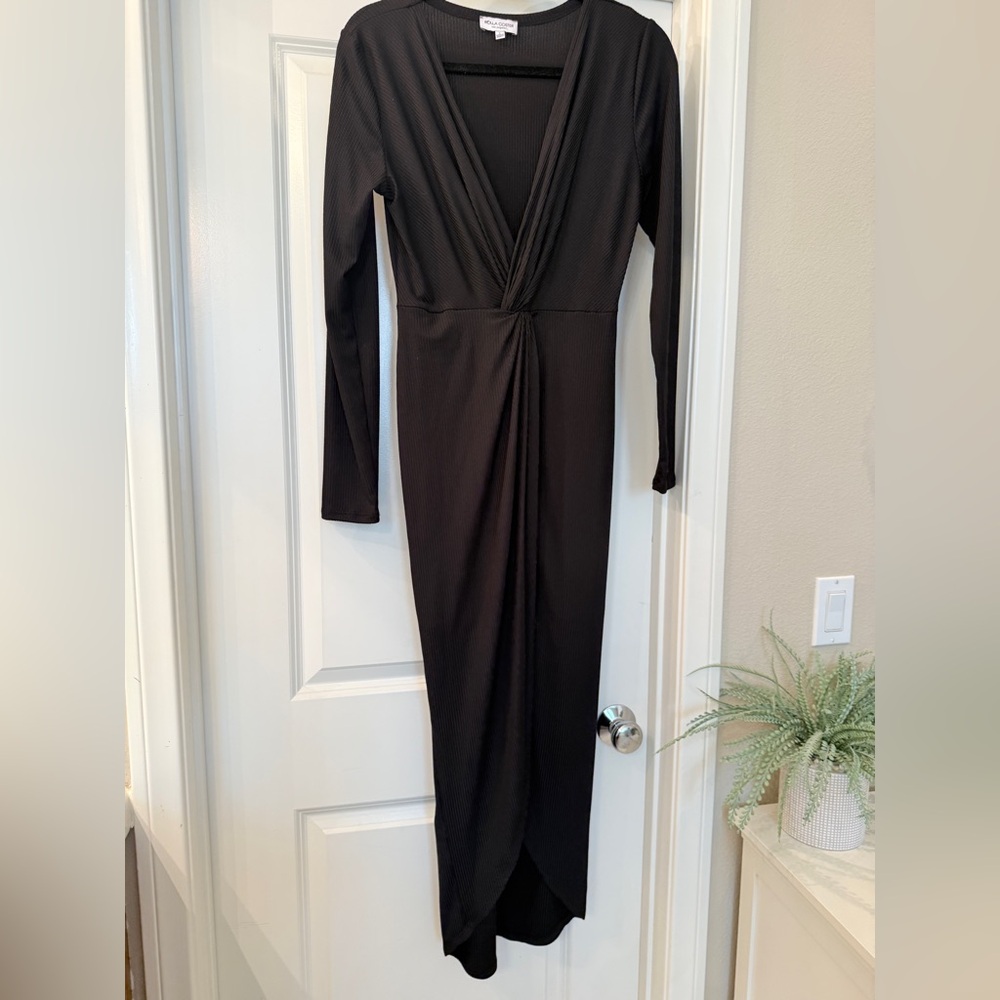 Rolla Coster Black Ribbed Twist Front Midi Dress - Size L (NWT)